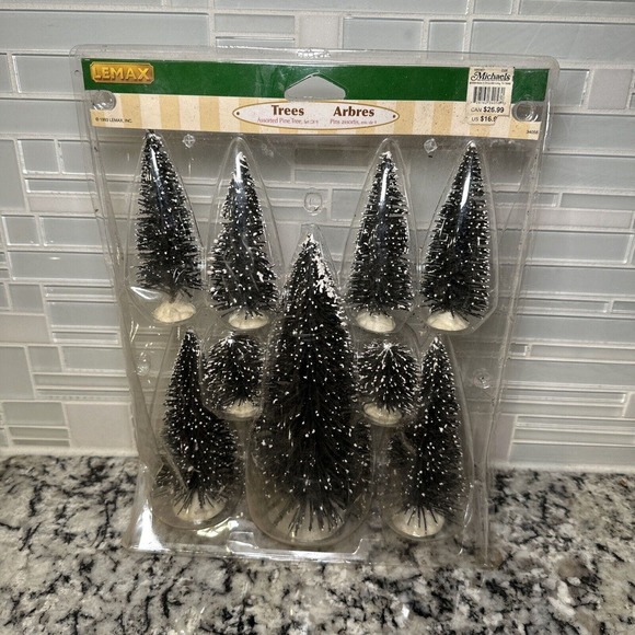 Set of 9 Vintage LEMAX Holiday Christmas Village Bottle Brush Snow Flocked Trees - Picture 1 of 4